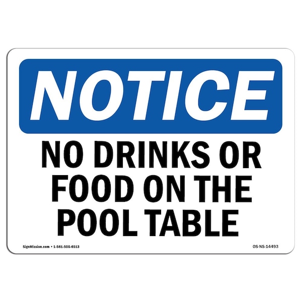 Safety Sign, OSHA Notice, 3.5" Height, No Drinks Or Food On Pool Table Sign, Landscape, 10PK